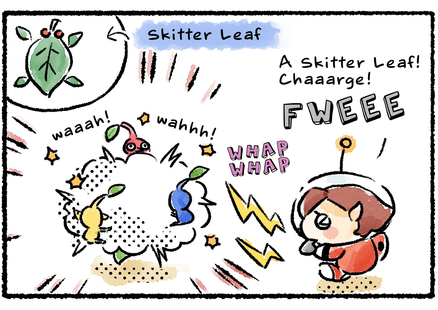 Panel two. "A Skitter Leaf!" the Rescue Officer says, blowing her whistle. "Chaaarge!" The Pikmin pile onto the leaf, pummeling it so much that only a dust cloud is visible around them. A Skitter Leaf is shown in an illustrative bubble.
