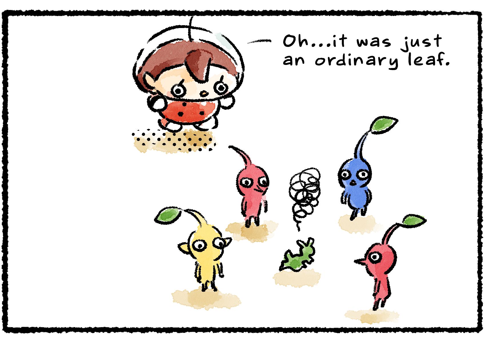 Panel three. In the aftermath, the Rescue Officer and Pikmin stand around the crumpled leaf and realize it was not a Skitter Leaf at all. "Oh...it was just an ordinary leaf."