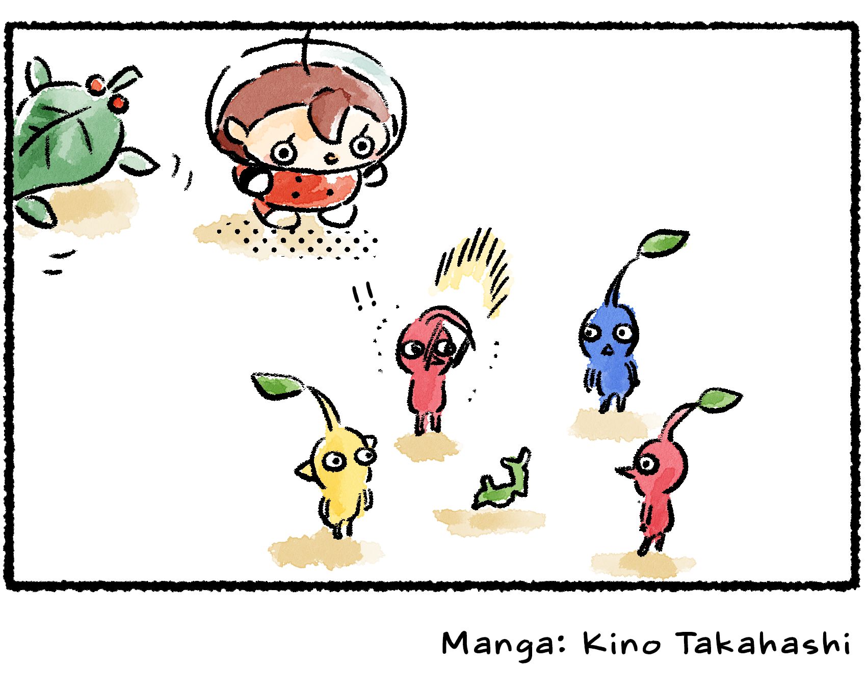 Panel four. Exclamation points appear over the Red Pikmin's head as a Skitter Leaf skulks around behind the Rescue Officer.