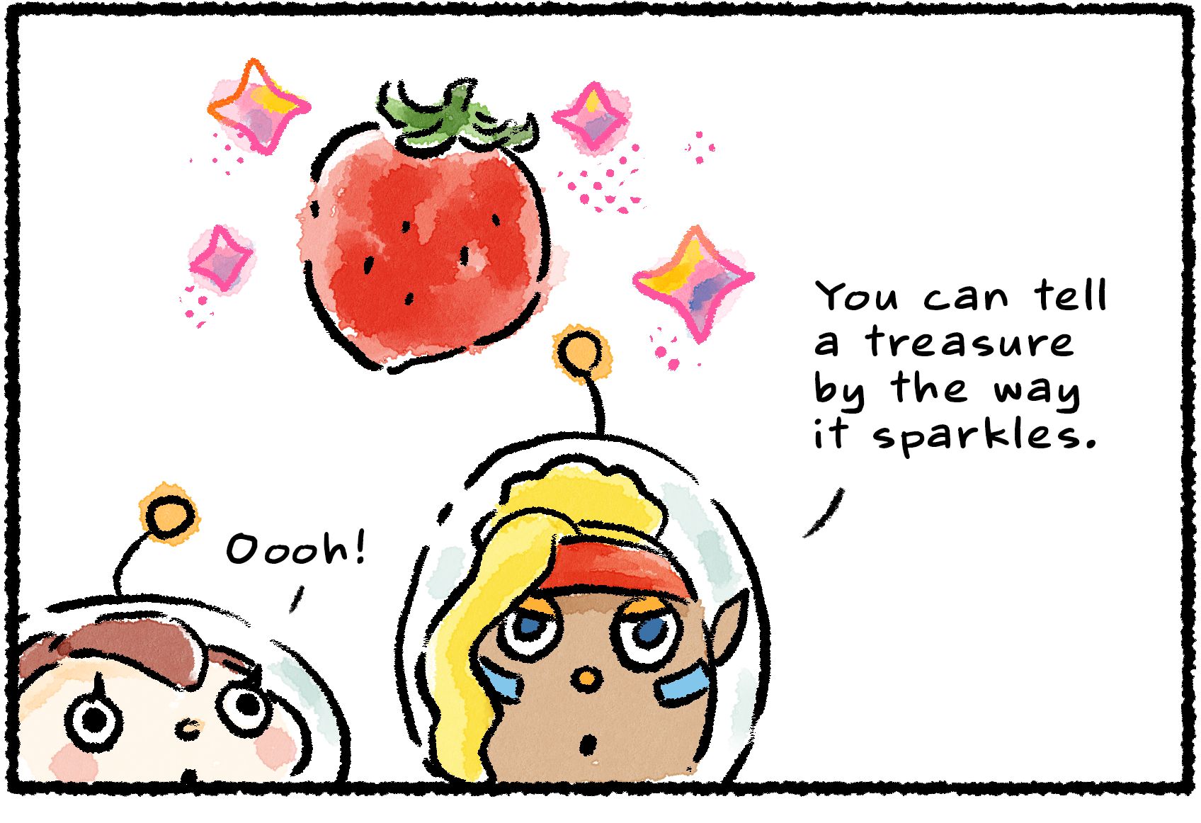 Panel one. Shepherd and a Rescue Officer are looking at a strawberry. "You can tell a treasure by the way it sparkles," Shepherd says. The strawberry is indeed surrounded by sparkles. The Rescue Officer says, "Oooh!"