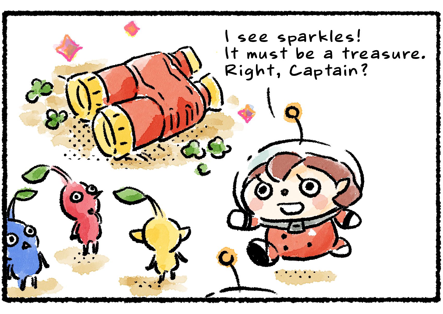 Panel two. The Rescue Officer points out a pair of binoculars surrounded by sparkles. "I see sparkles!" the Rescue Officer says. "It must be a treasure. Right, Captain?"