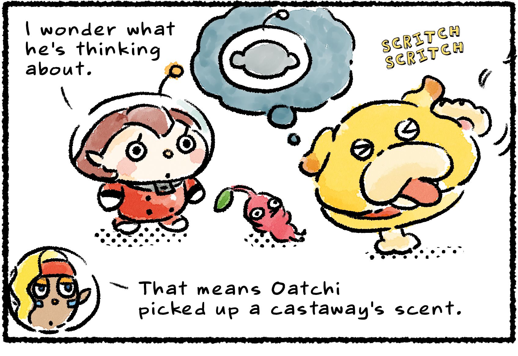 Panel one. A Rescue Officer and Red Pikmin watch Oatchi scritch his ear. A thought bubble over Oatchi shows a castaway. "I wonder what he's thinking about," the Rescue Officer says. Shepherd explains: "That means Oatchi picked up a castaway's scent."