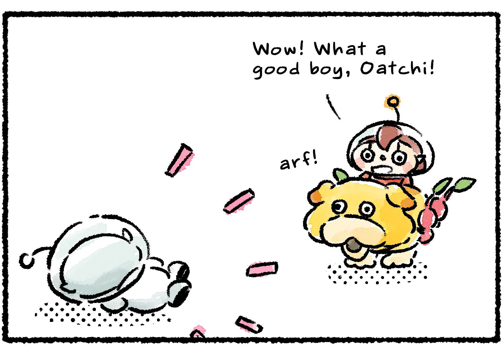 Panel two. Oatchi barks as he comes upon a castaway lying on the ground. The Rescue Officer, riding on Oatchi's back, says "Wow! What a good boy, Oatchi!"