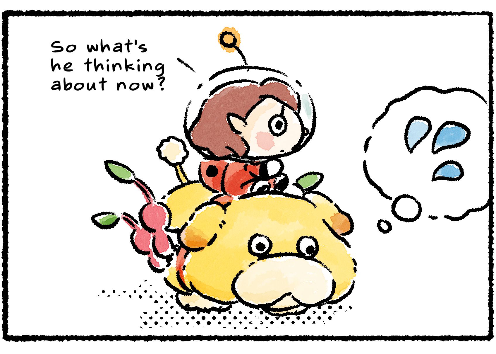 Panel three. Oatchi, bearing the Rescue Officer and several Pikmin on his back, seems pensive, and a thought bubble over him shows a few droplets of water. "So what's he thinking about now?" the Rescue Officer asks.