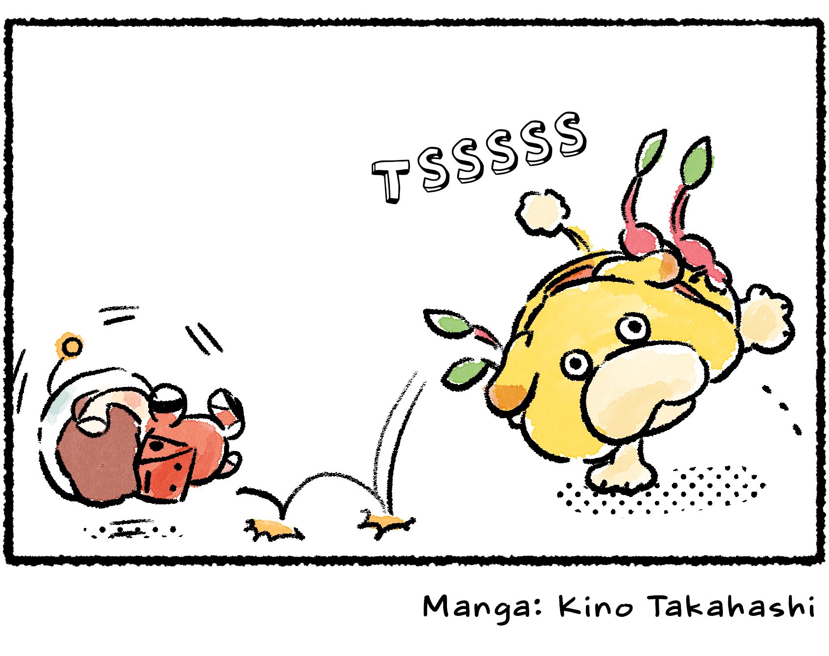 Panel four. The Rescue Officer falls off Oatchi's back as Oatchi lifts a leg and tilts to one side to pee.