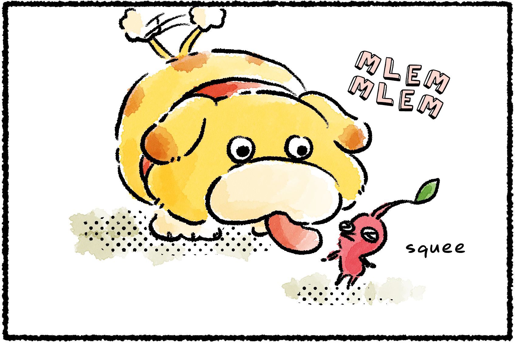 Panel one. Oatchi is licking a Red Pikmin. The Pikmin says, "squee".