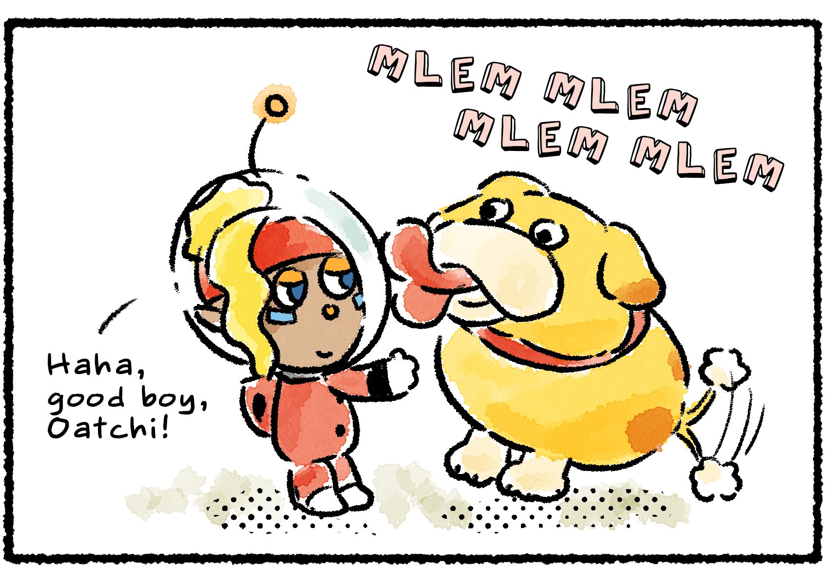 Panel two. Oatchi is licking Shepherd, who laughs and says, "Good boy, Oatchi!"