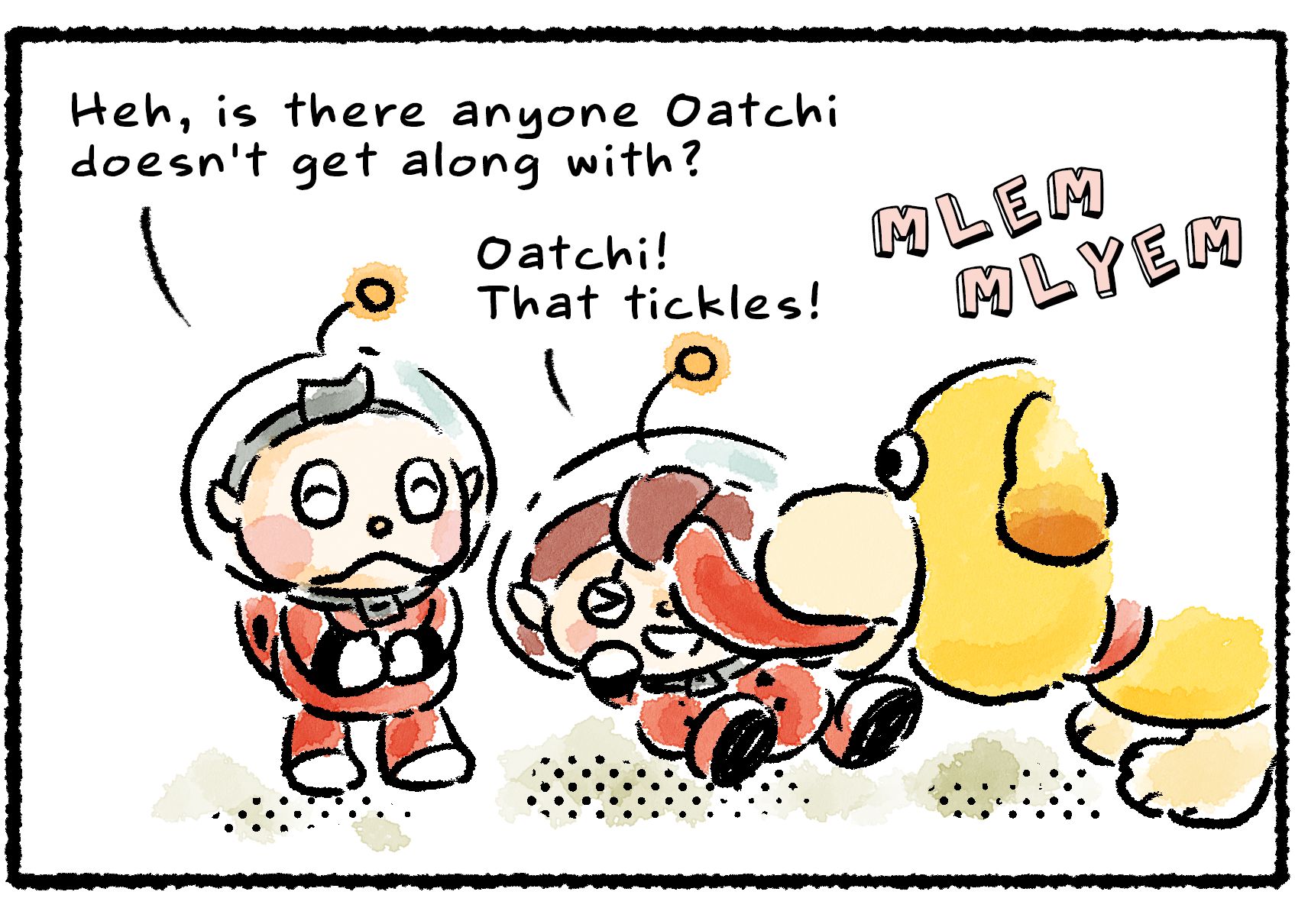 Panel three. Oatchi is licking a Rescue Officer, who is squirming on the ground and laughing. "Oatchi!" she says. "That tickles!" Collin watches with a smile nearby and says, "Heh, is there anyone Oatchi doesn't get along with?"