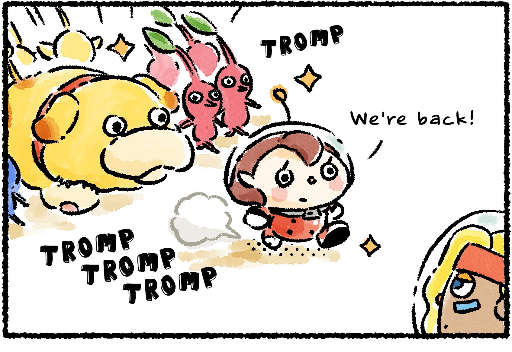 Panel one. A Rescue Officer, Oatchi, and a group of Pikmin come tromping up to Shepherd. "We're back!" the Rescue Officer announces.