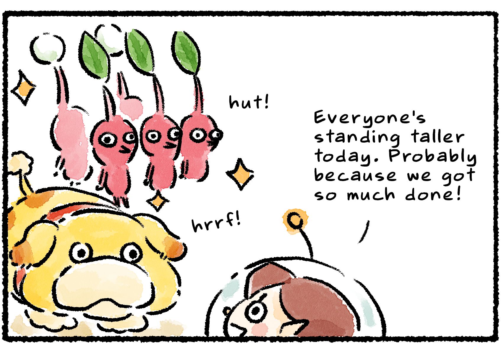 Panel two. The Rescue Officer turns to admire Oatchi and the Pikmin all standing at attention. "Everyone's standing taller today," she says. "Probably because we got so much done!"