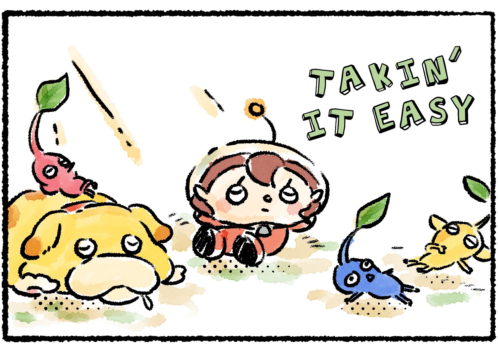 Panel three. Beside a caption that reads, "The next day," the Rescue Officer, Oatchi, and Pikmin are all lying down and napping. Descriptive text over their heads reads, "Takin' it easy..."