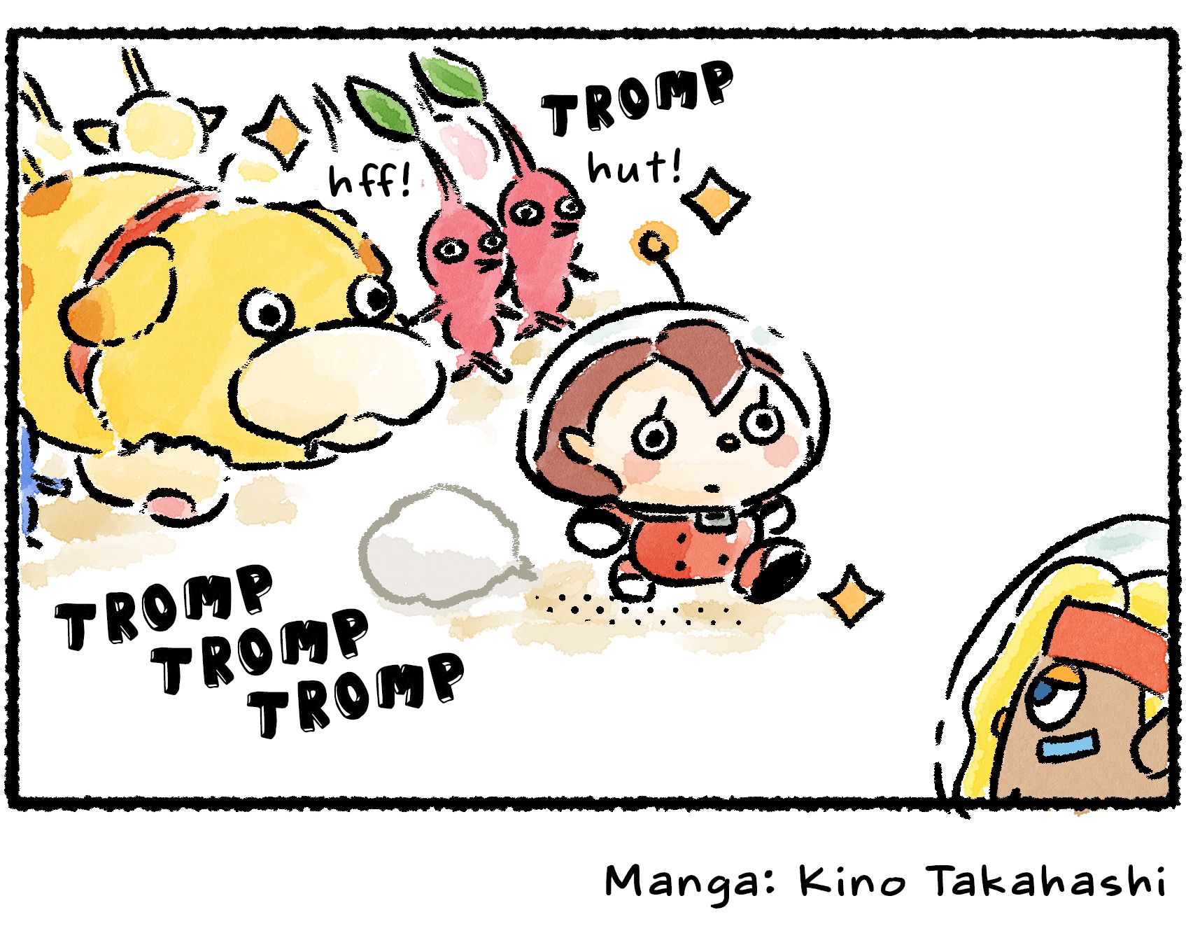 Panel four. A Rescue Officer, Oatchi, and a group of Pikmin come tromping up to Shepherd just like in panel one. The Rescue Officer again announces, "We're back!"