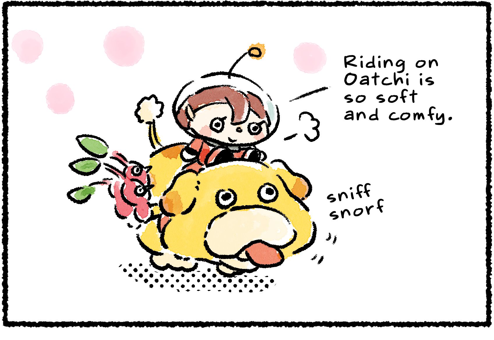 Panel one. A Rescue Officer and several Red Pikmin are riding Oatchi. "Riding on Oatchi is so soft and comfy," the Rescue Officer says.