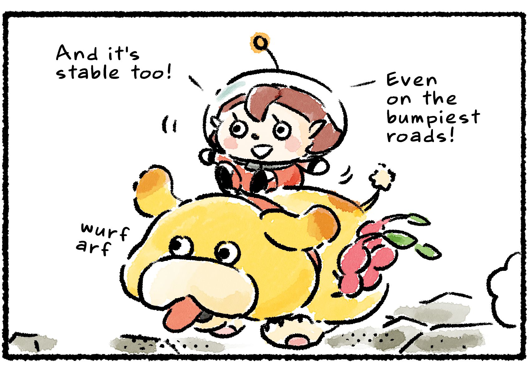 Panel two. Oatchi gallops across rough terrain, with the Rescue Officer and Pikmin easily hanging on. "And it's stable too!" the Rescue Officer says. "Even on the bumpiest roads!"