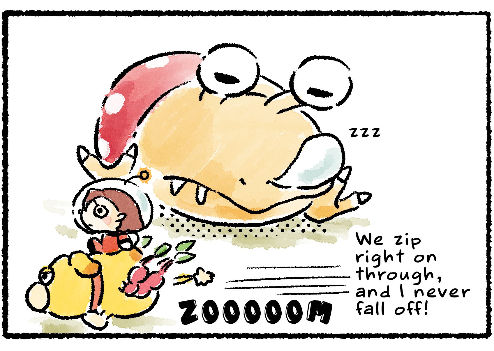 Panel three. Oatchi rushes past a sleeping Bulborb, leaving it to snooze undisturbed. "We zip right on through," the Rescue Officer says, "and I never fall off!"