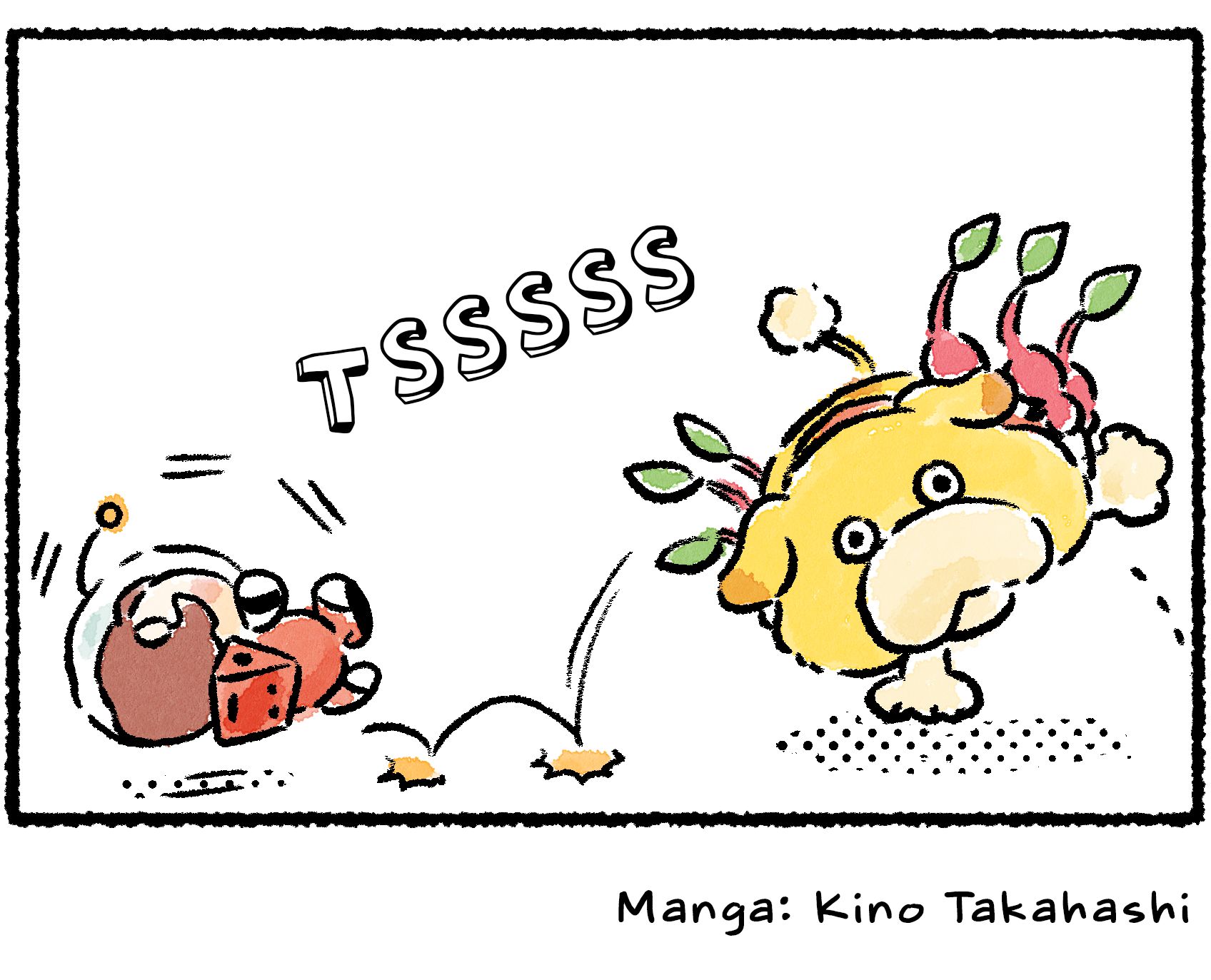 Panel four. The Rescue Officer is flung from Oatchi's back as Oatchi tilts to one side and lifts his leg to pee.