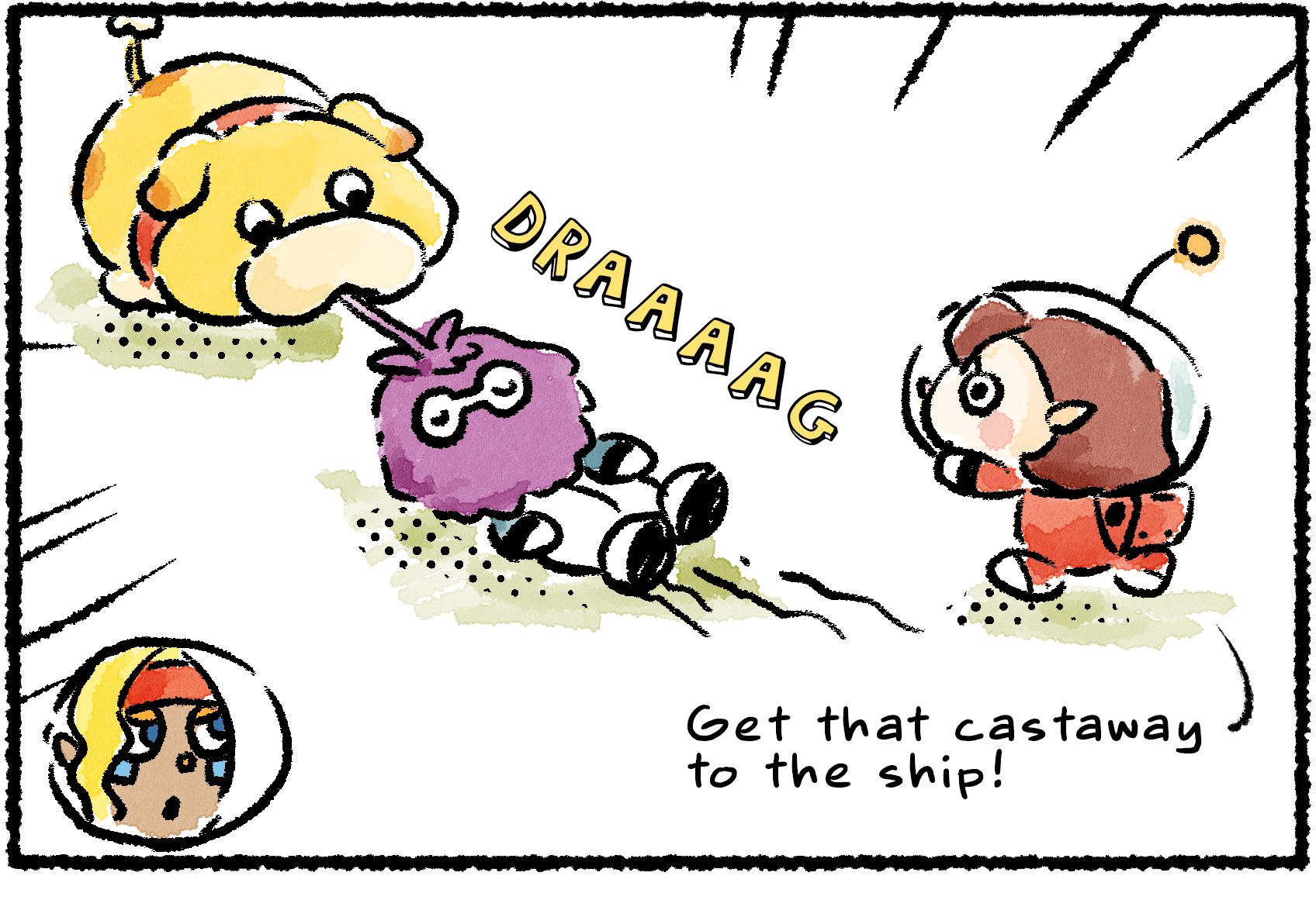 Panel one. Oatchi is dragging a leafling by the stem. Shepherd appears inset at the bottom of the panel, saying, "Get that castaway to the ship!" A Rescue Officer follows along.