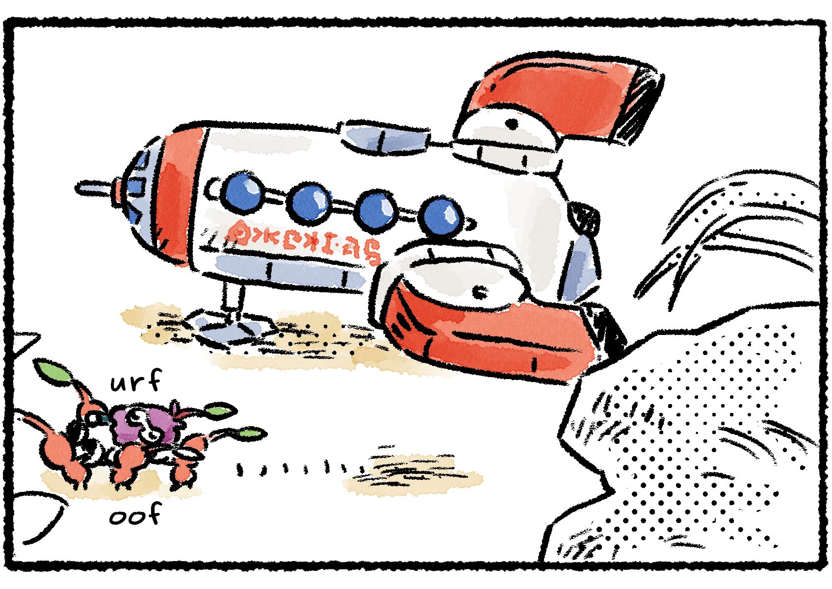 Panel three. Several Red Pikmin come upon the leafling and begin to relocate them.