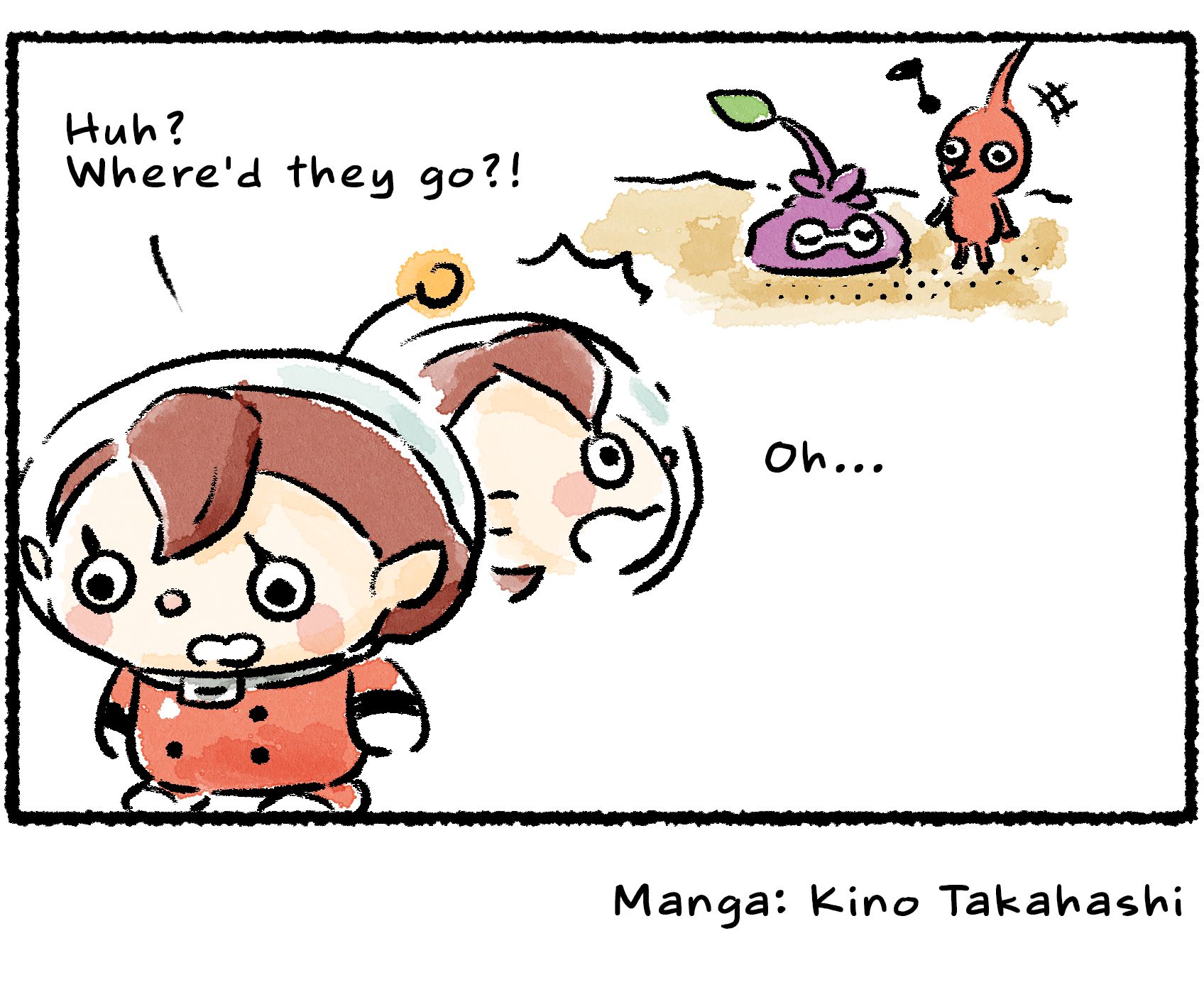 Panel four. The Rescue Officer returns to find the leafling gone. "Huh? Where'd they go?!" Turning around, she sees a Red Pikmin standing by the leafling, who has been buried up to the neck and now resembles a Pikmin waiting to be plucked. "Oh..." 