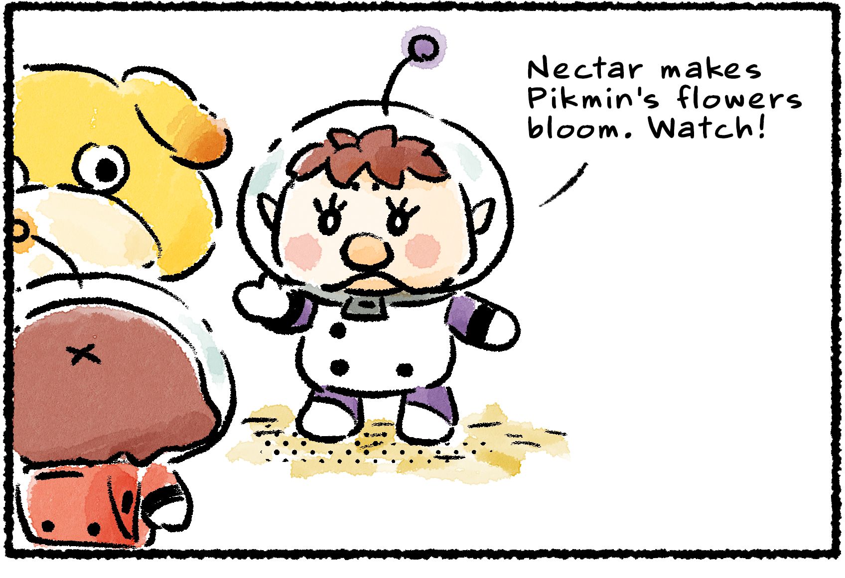 Panel one. Kingsly is talking to a Rescue Officer and Oatchi about Pikmin flowers. "Nectar makes Pikmin's flowers bloom," he says. "Watch!"
