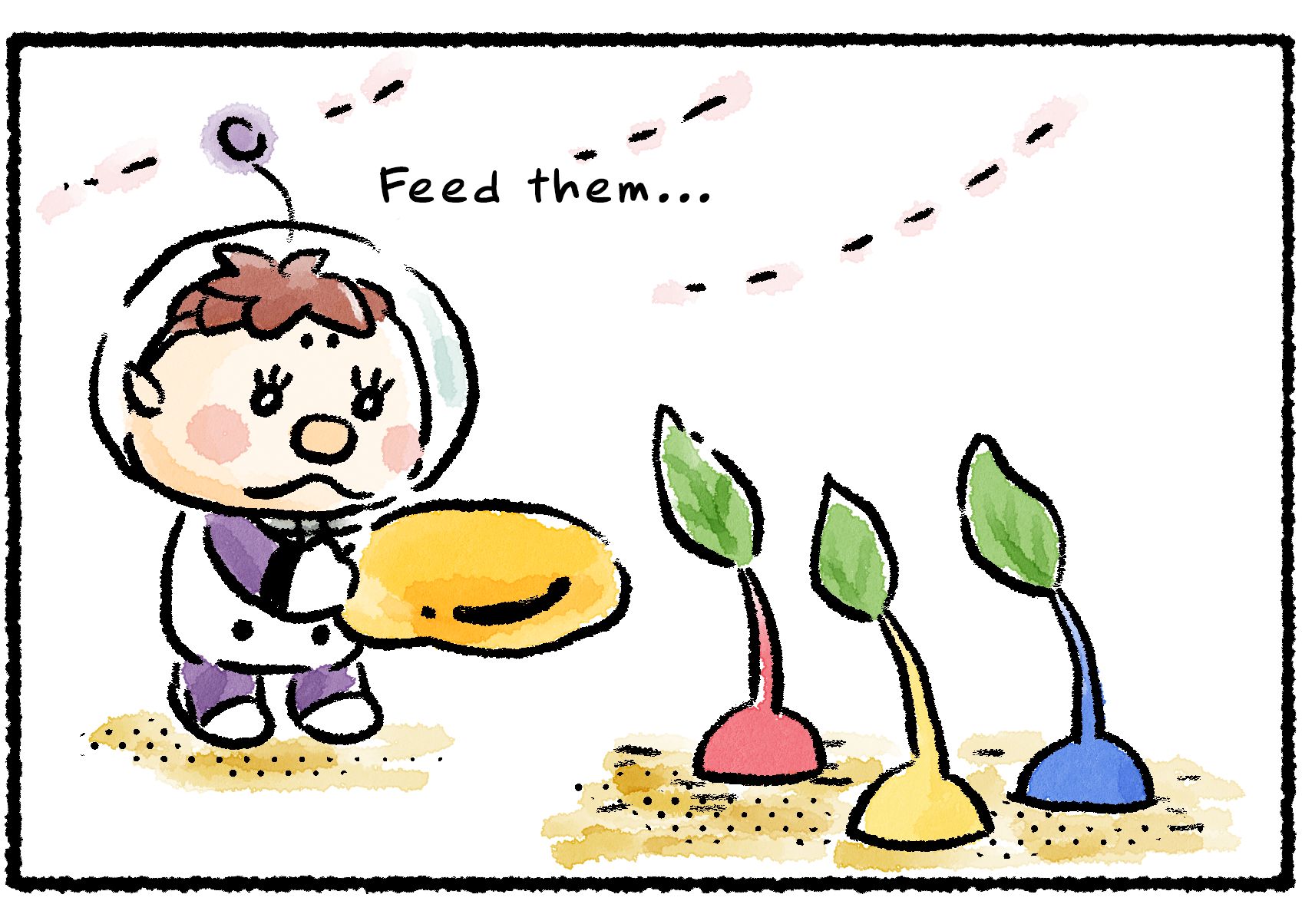 Panel two. Kingsly carries a drop of nectar over to a row of Pikmin planted in the ground in leaf stage. "Feed them..."