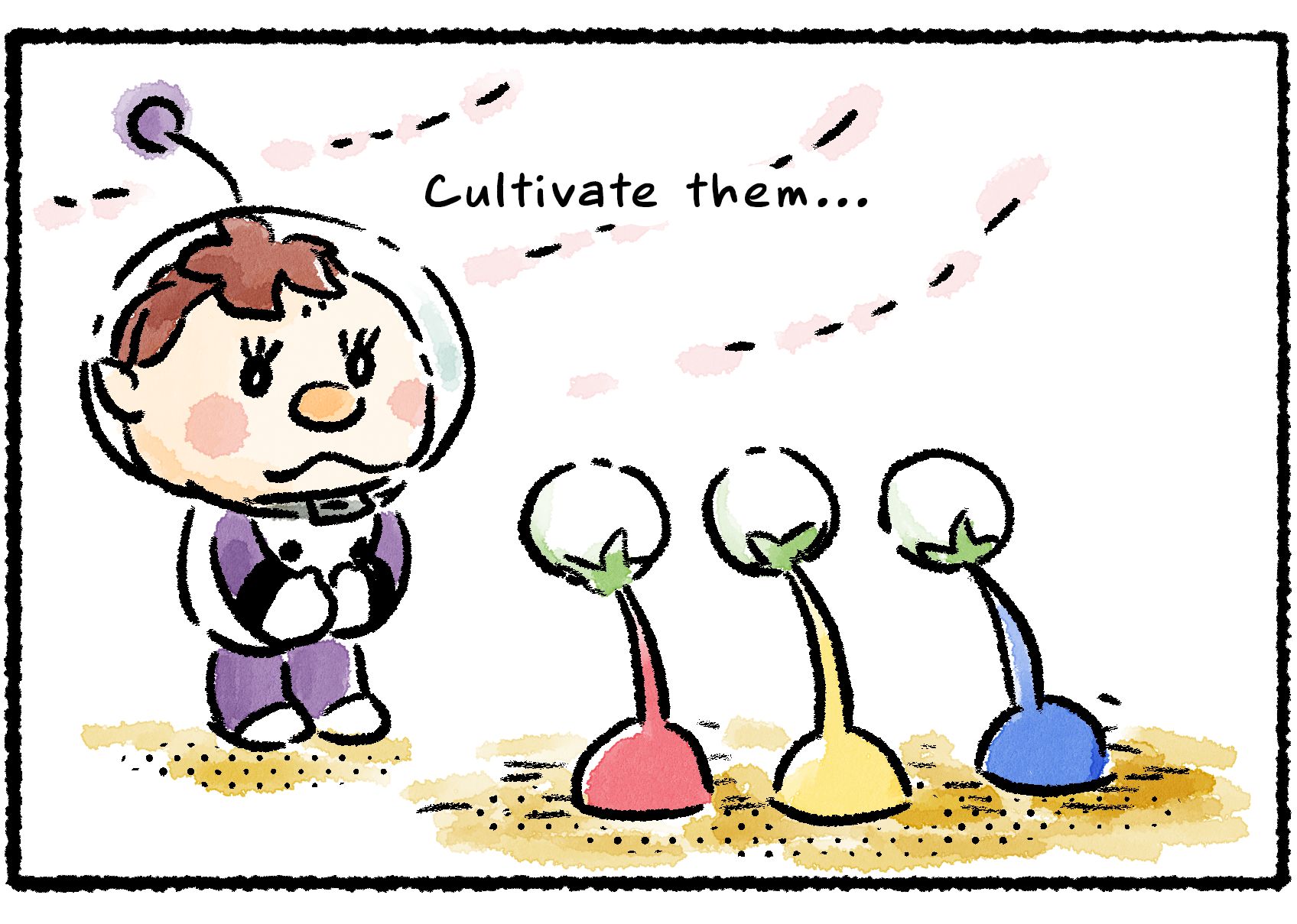 Panel three. Kingsly watches the Pikmin grow into bud stage. "Cultivate them..."