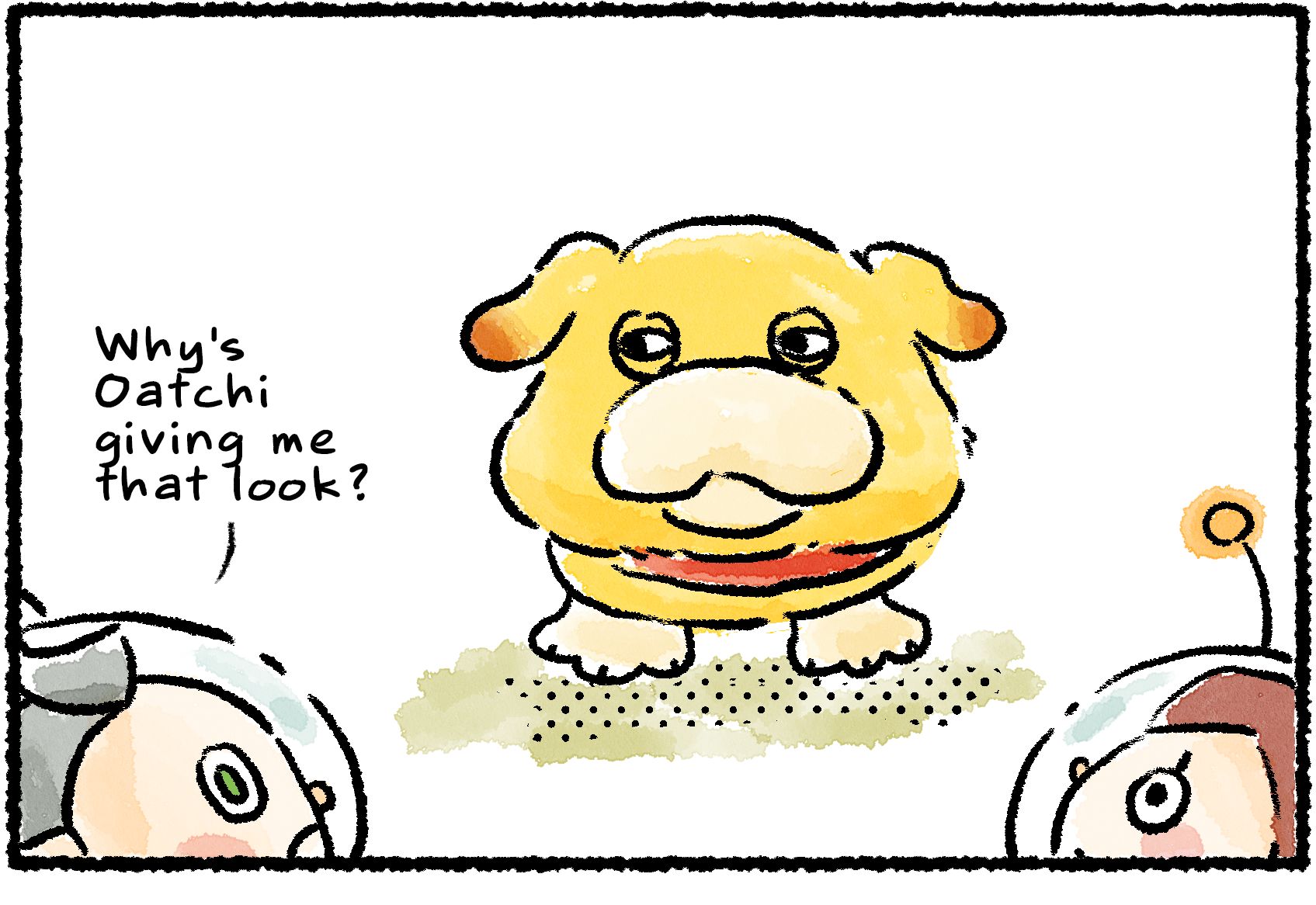 Panel one. A Rescue Officer and Collin are looking at Oatchi, who is squinting back at Collin. "Why's Oatchi giving me that look?" Collin says.