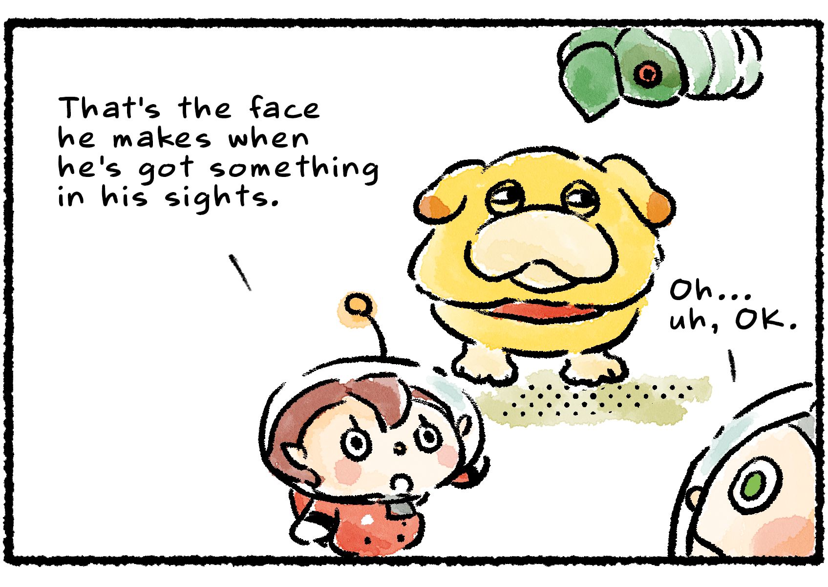 Panel two. As Oatchi squints at a nearby critter, the Rescue Officer explains: "That's the face he makes when he's got something in his sights." Collin says, "Oh...uh, OK."