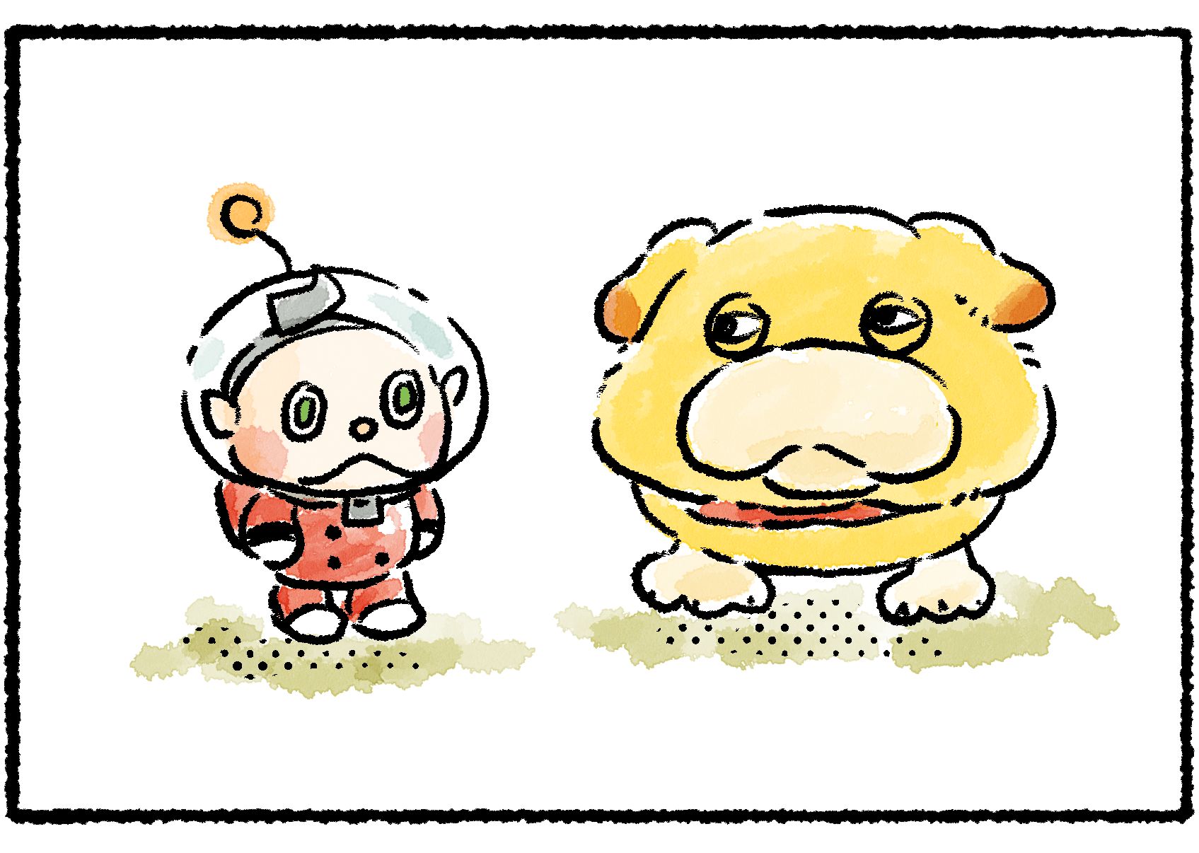 Panel three. Collin and Oatchi stare at each other. Oatchi is still squinting. Collin looks uneasy.