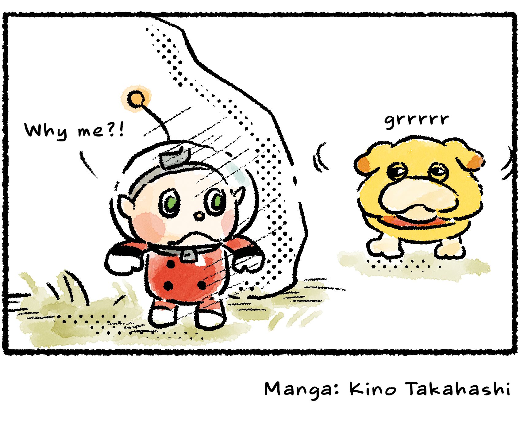 Panel four. Oatchi growls and swivels his head side to side, searching for Collin who is now hiding behind a rock. "Why me?!" Collin says.