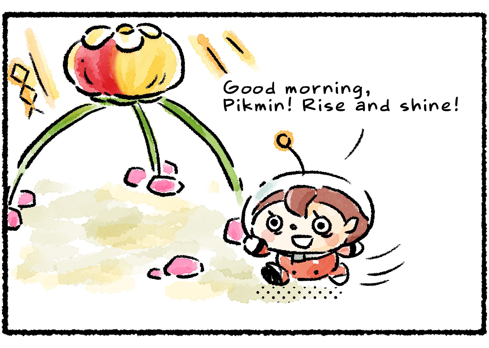 Panel two. The Rescue Officer comes running out to the Pikmin's Onion. "Good morning, Pikmin!" she says. "Rise and shine!"