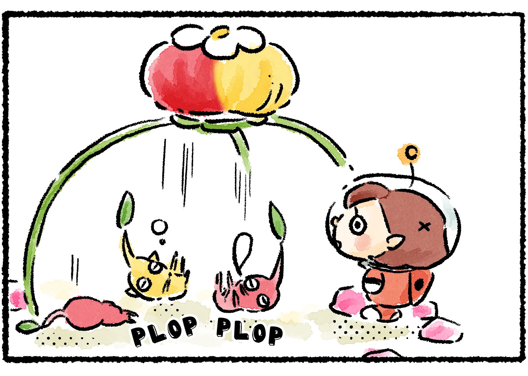 Panel three. Sleepy Pikmin fall out of the Onion and plop onto the ground, still snoozing.