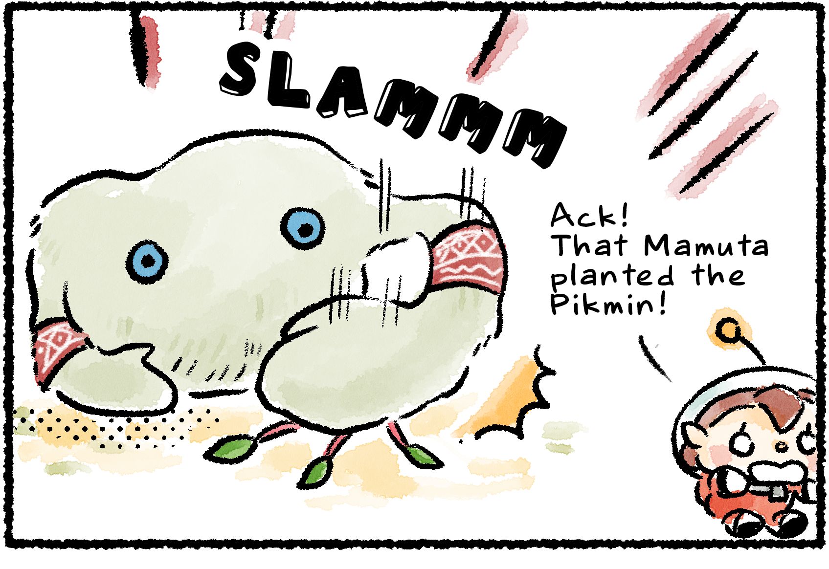 Panel one. A Rescue Officer recoils in fear as a Mamuta slams several leaf Pikmin into the ground.