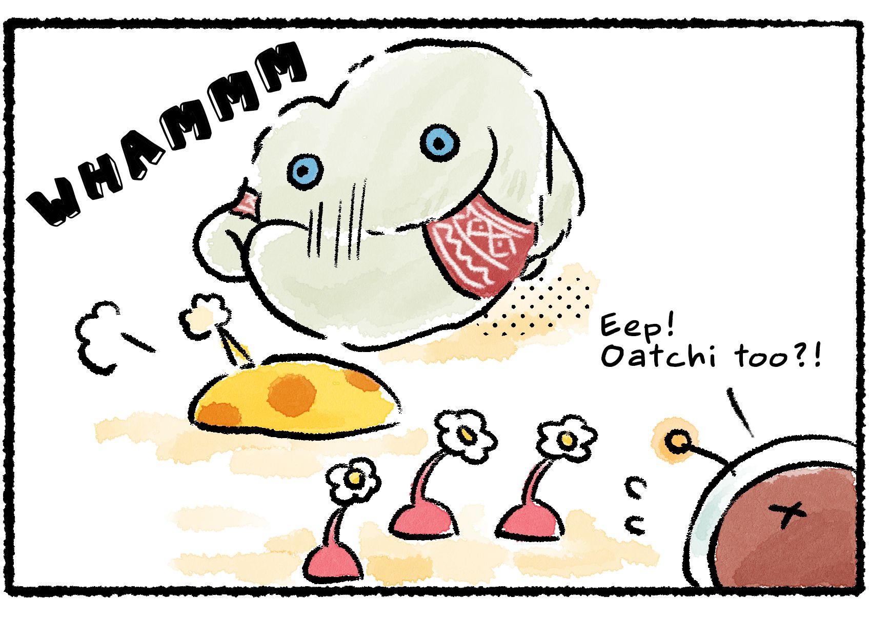 Panel three. The Mamuta leans over Oatchi, who has also been slammed into the ground. "Eep!" the Rescue Officer says. "Oatchi too?!" Oatchi's rear end sticks up out of the ground, his tail puff wagging.