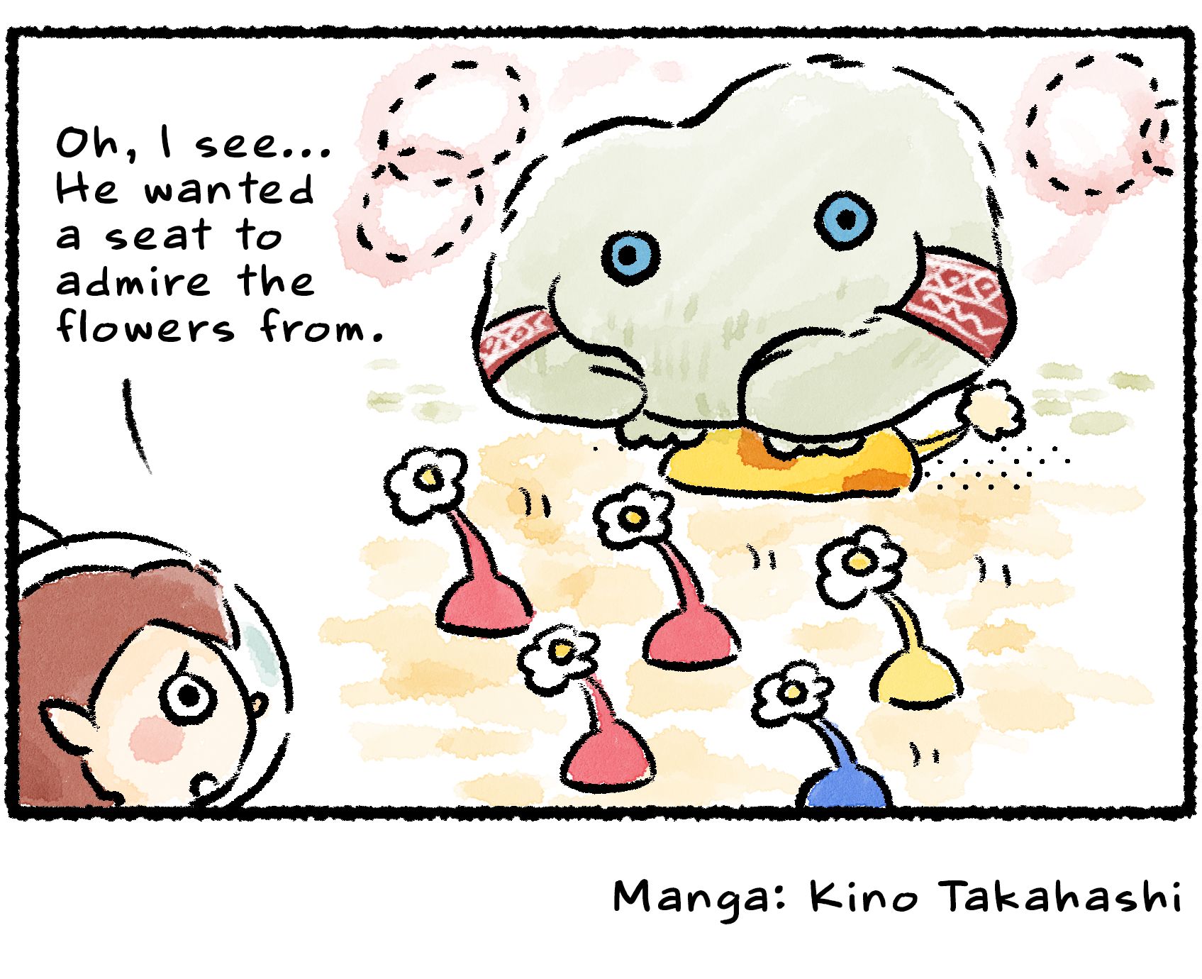 Panel four. The Rescue Officer watches, bemused, as the Mamuta sits on top of Oatchi and stares at the flower Pikmin. "Oh, I see... He wanted a seat to admire the flowers from."