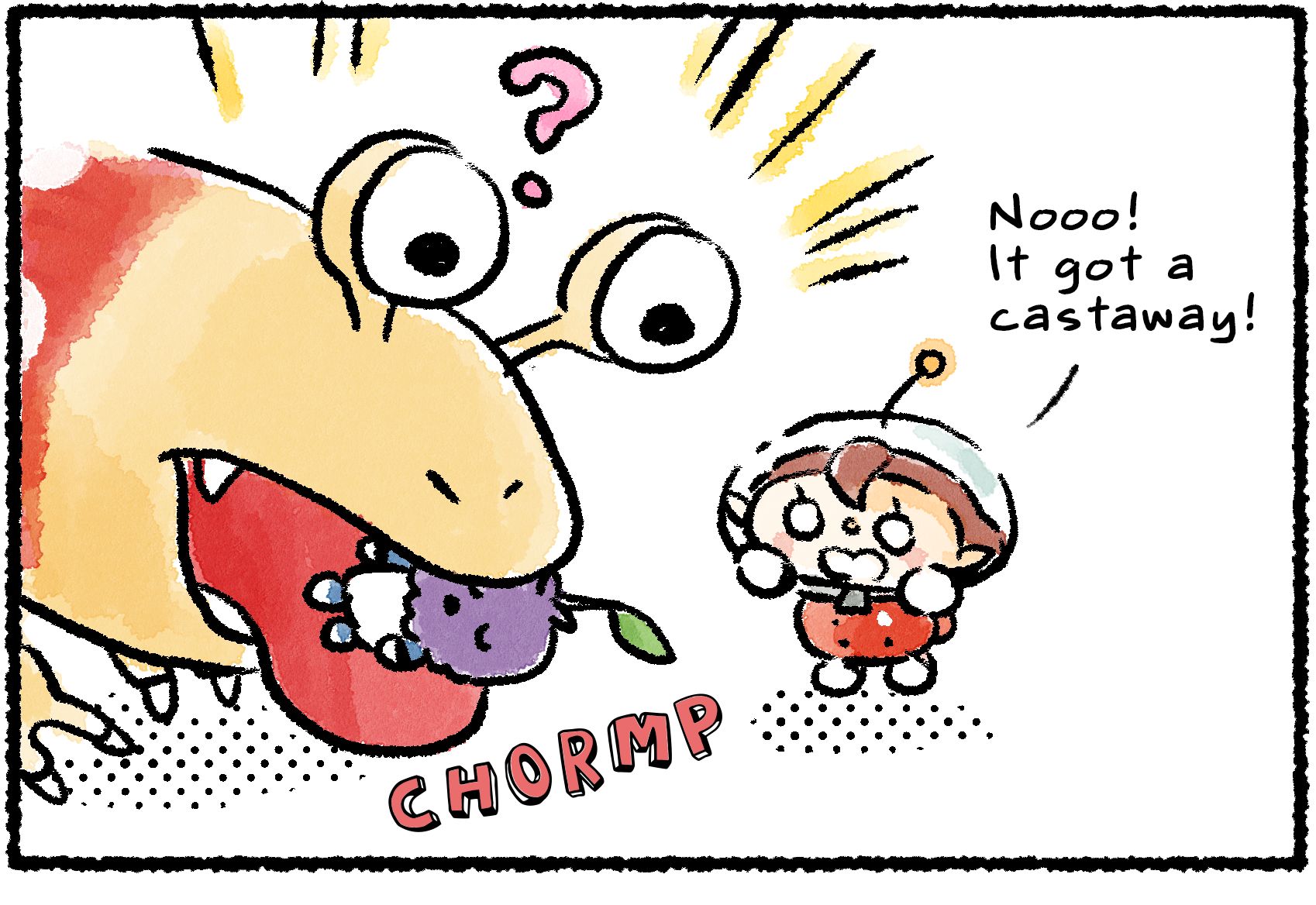 Panel one. A Rescue Officer looks on in horror as a Bulborb gobbles up a Leafling. "Nooo!" the Rescue Officer says. "It got a castaway!"