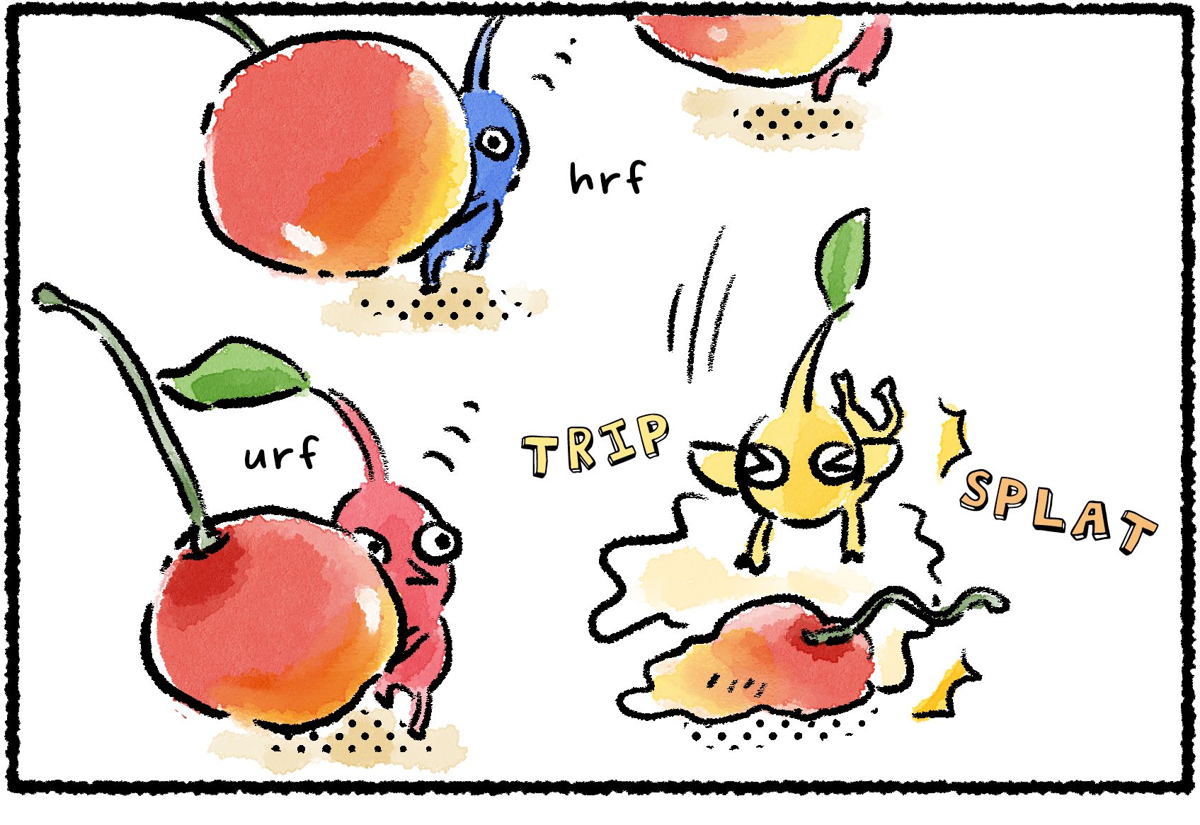 Panel one. Several Pikmin are carrying cherries. A Yellow Pikmin trips and falls, causing the cherry it's carrying to burst open on the ground.