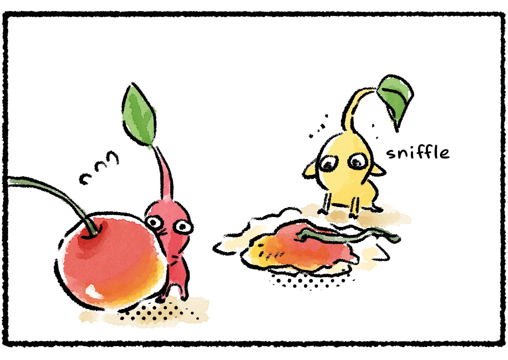Panel two. The Yellow Pikmin looks down sadly at the destroyed fruit. A nearby Red Pikmin turns to look, seeming to have an idea.