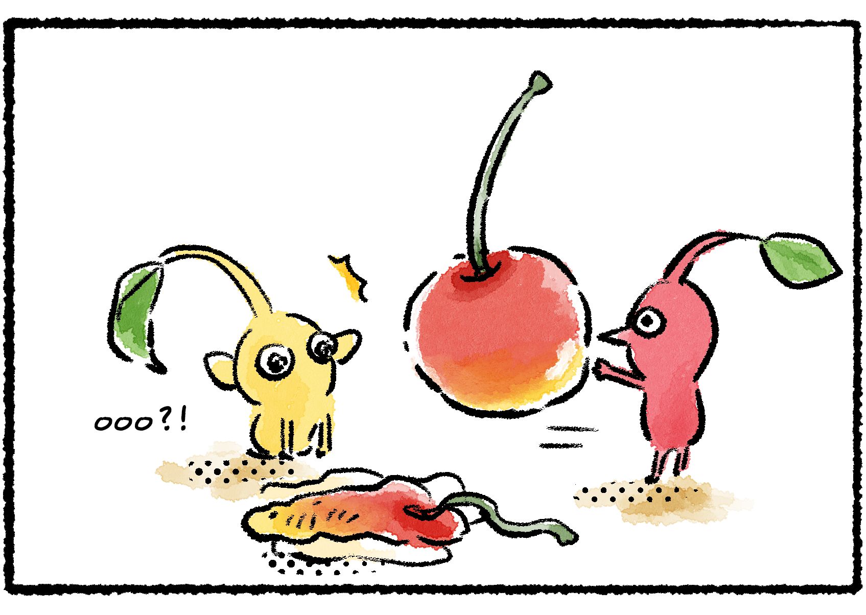 Panel three. The Red Pikmin offers the cherry it's carrying. The Yellow Pikmin is stunned by the Red Pikmin's apparent generosity.