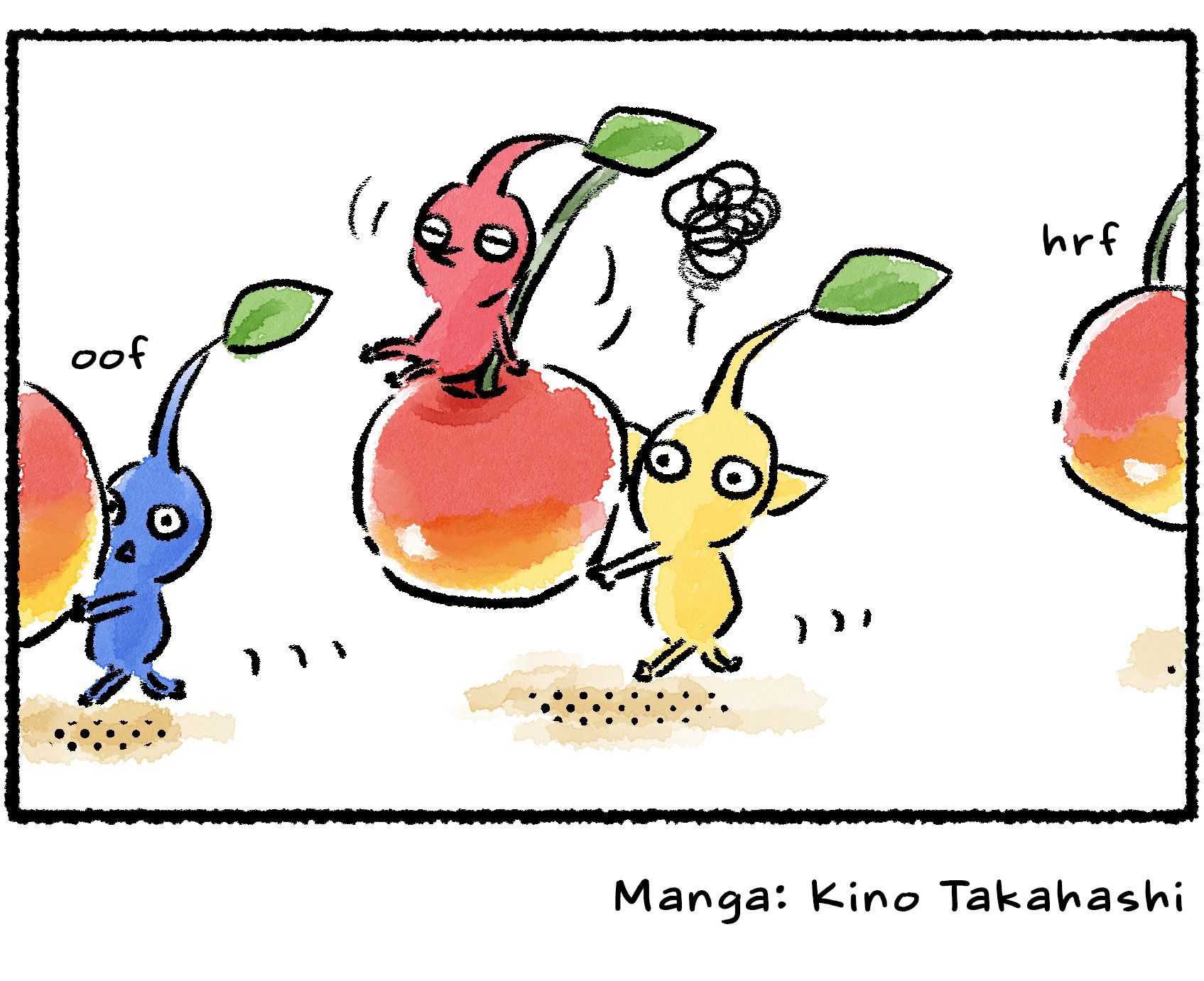 Panel four. As the Yellow Pikmin returns to the line, carrying the cherry, while the Red Pikmin lounges on top of it. The Yellow Pikmin is a little annoyed.