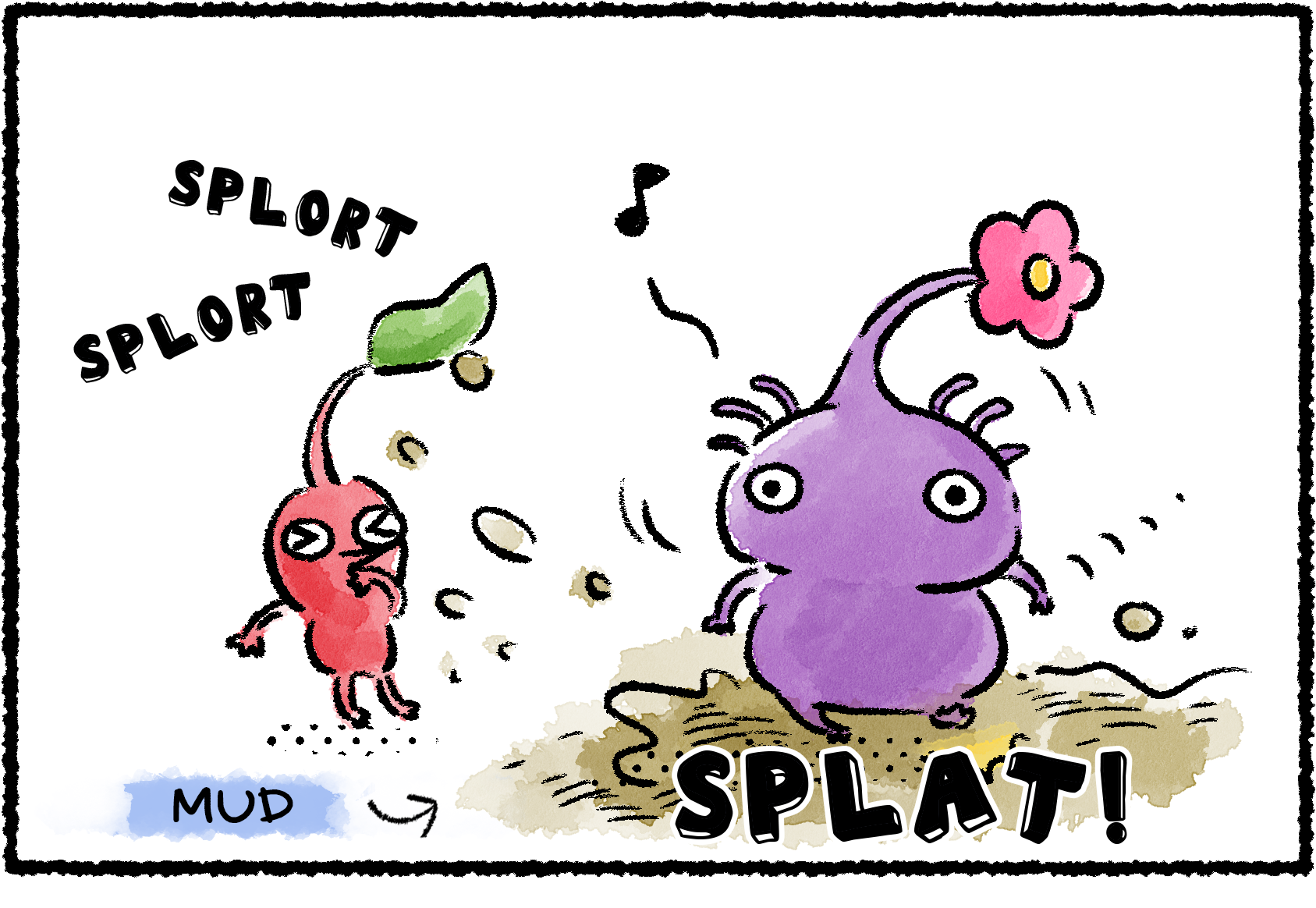 Panel one. A Purple Pikmin splats down into a puddle of mud, splashing it all over a nearby Red Pikmin.