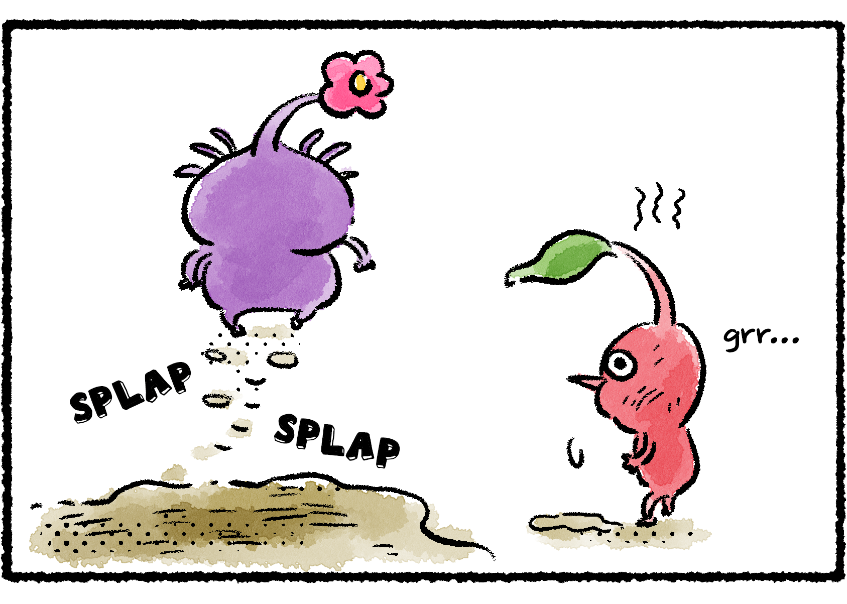 Panel two. The Red Pikmin, splashed with mud, angrily watches the Purple Pikmin walk away.