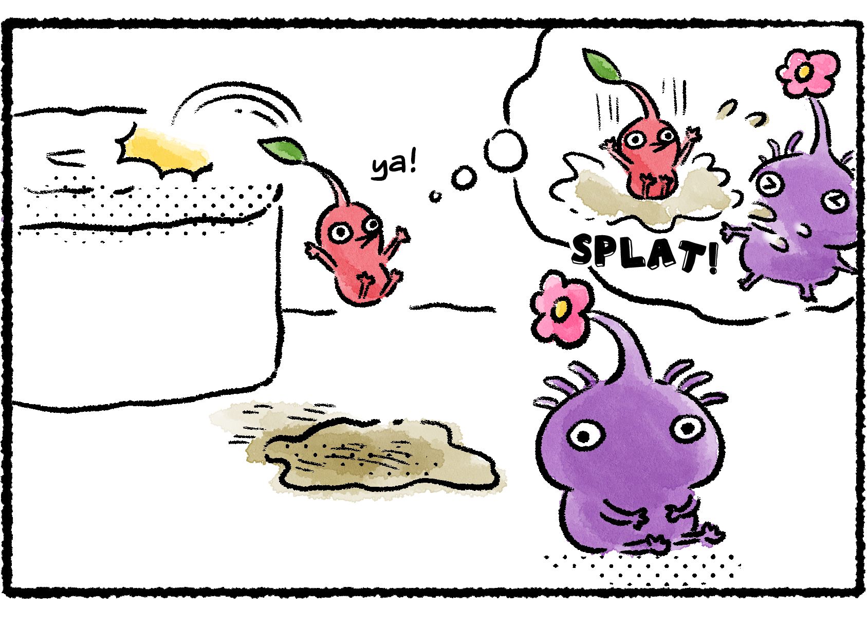 Panel three. The Red Pikmin jumps off a platform, aiming to land on a puddle of mud next to where the Purple Pikmin is sitting. The Red Pikmin envisions giving the Purple Pikmin a taste of its own medicine.