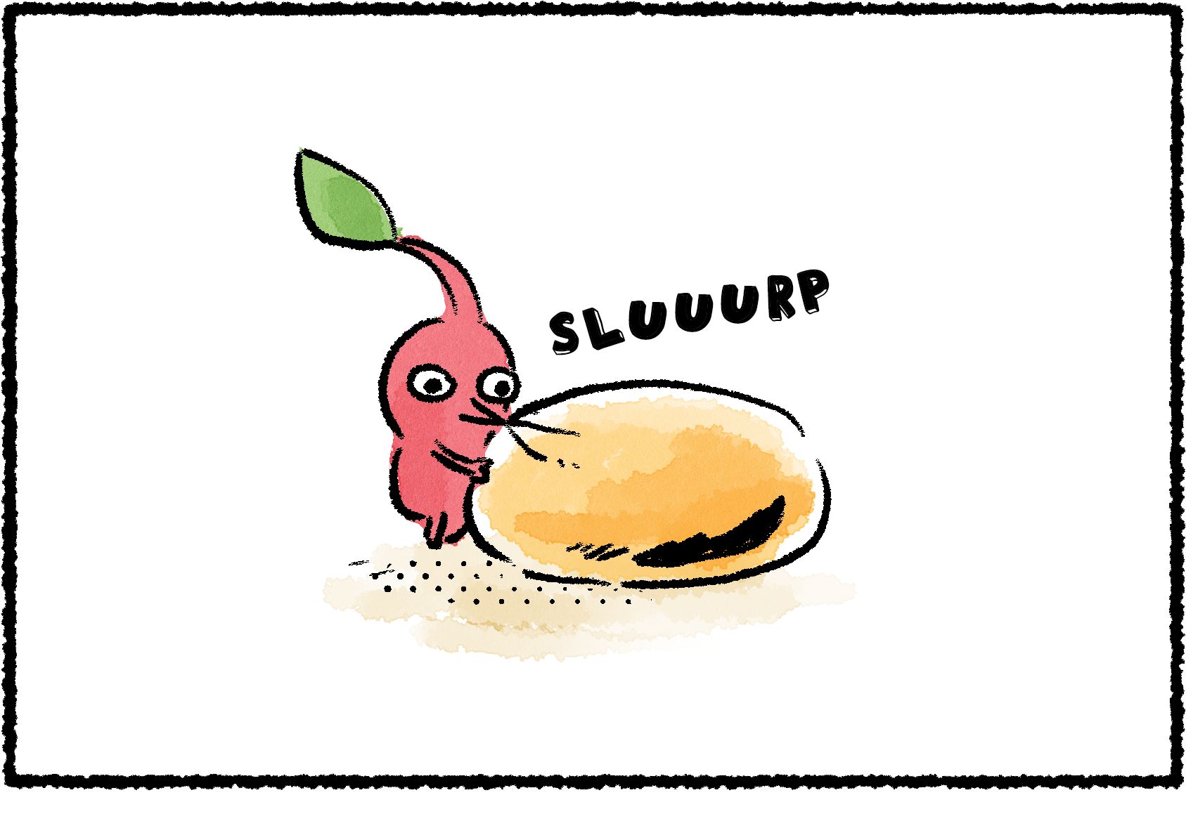 Panel one. A Red Pikmin slurps up a drop of nectar.