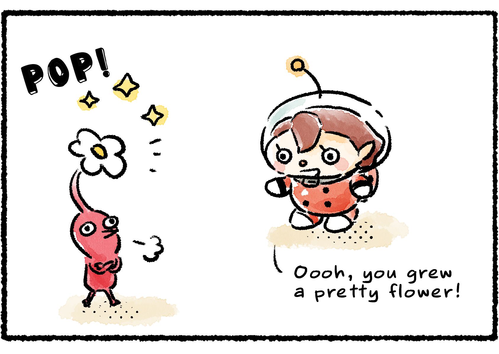 Panel two. The Red Pikmin seems pleased with itself as its leaf turns to a flower with a "pop!" sound. A nearby Rescue Officer says, "Oooh, you grew a pretty flower"!