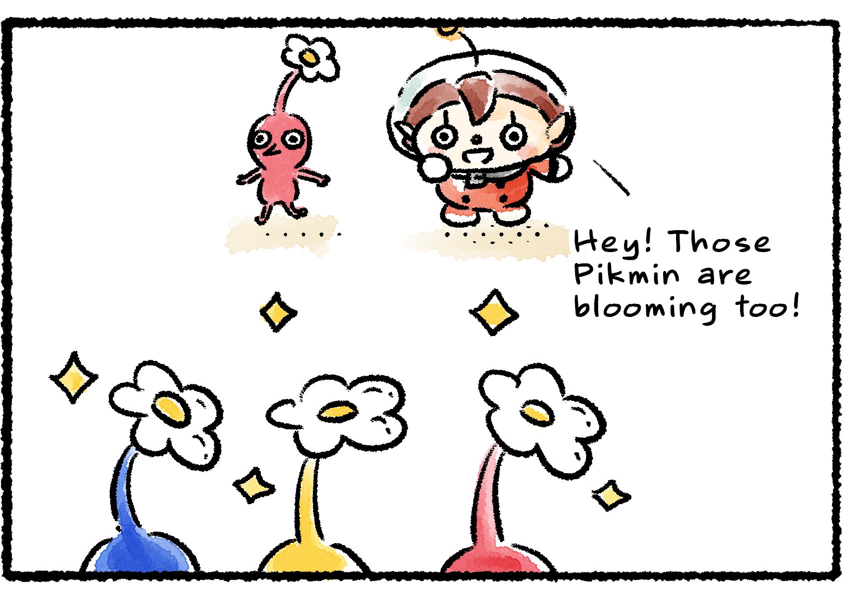 Panel three. The Rescue Officer and Red Pikmin come upon more flower Pikmin seeded in the ground. "Hey!" the Rescue Officer says. "Those Pikmin are blooming too!"