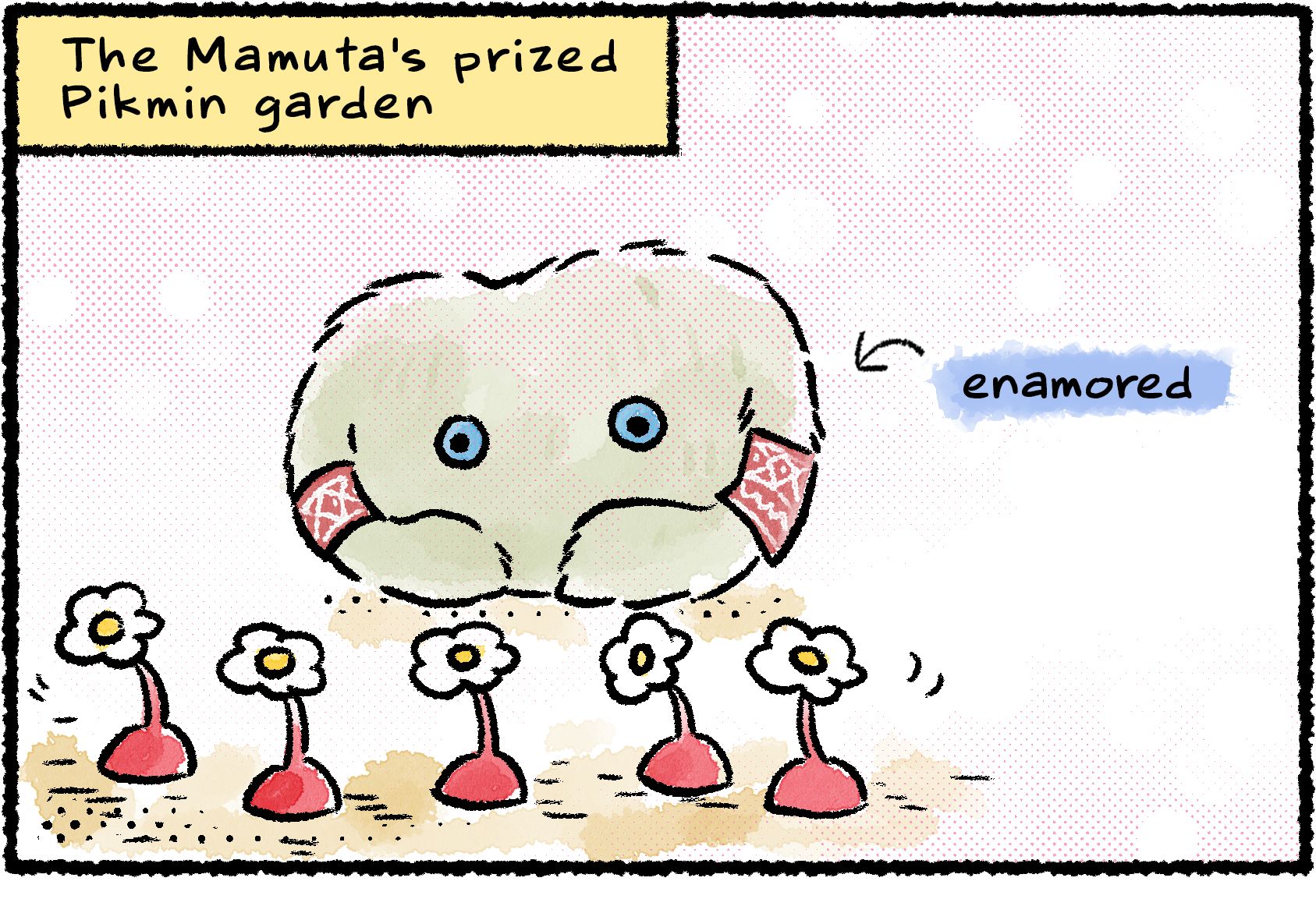 Panel one. A Mamuta peacefully admires its prized garden of Red flower Pikmin.