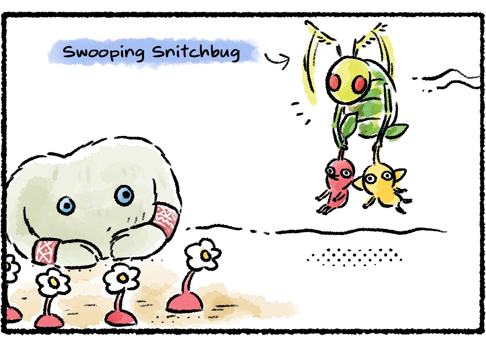 Panel two. The Mamuta glances at a Swooping Snitchbug as it flies nearby, carrying a Red leaf Pikmin and a Yellow leaf Pikmin.