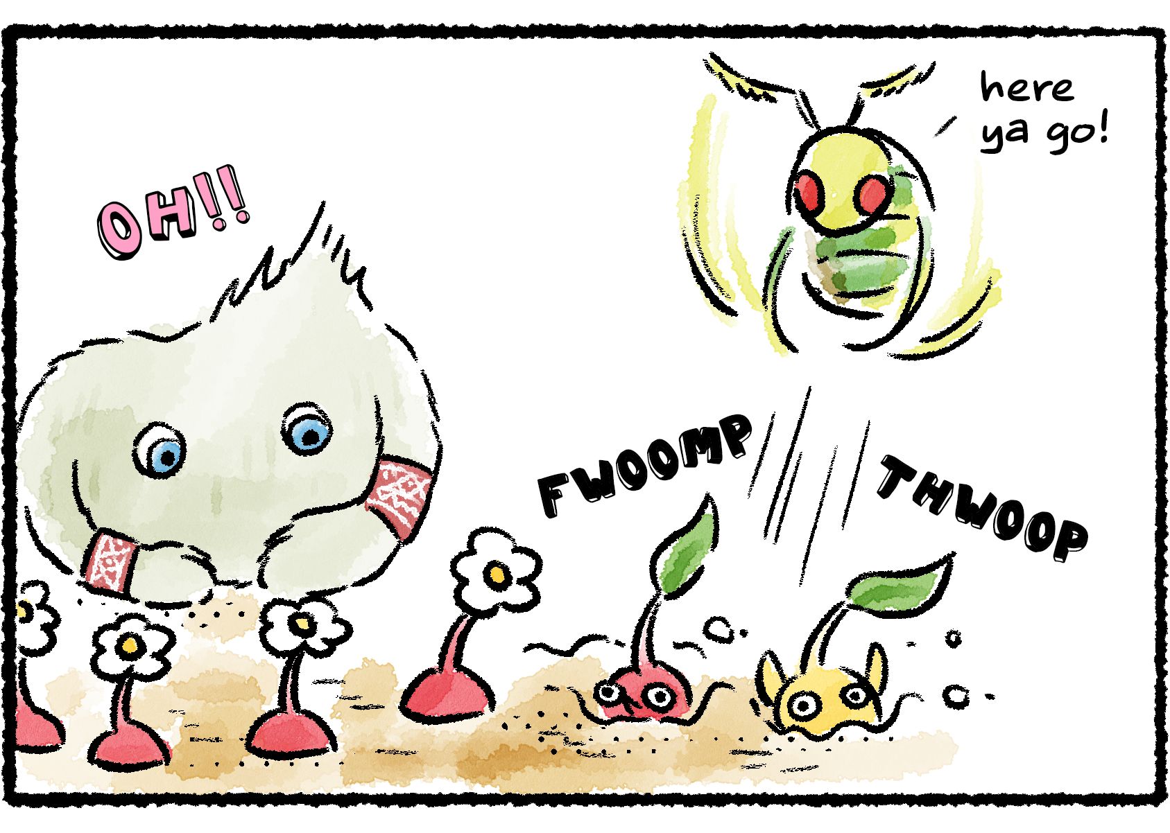 Panel three. The Swooping Snitchbug hurls its two Pikmin into the ground, as if to say, "here ya go!" the Pikmin land in the Mamuta's garden, disrupting its neat order.