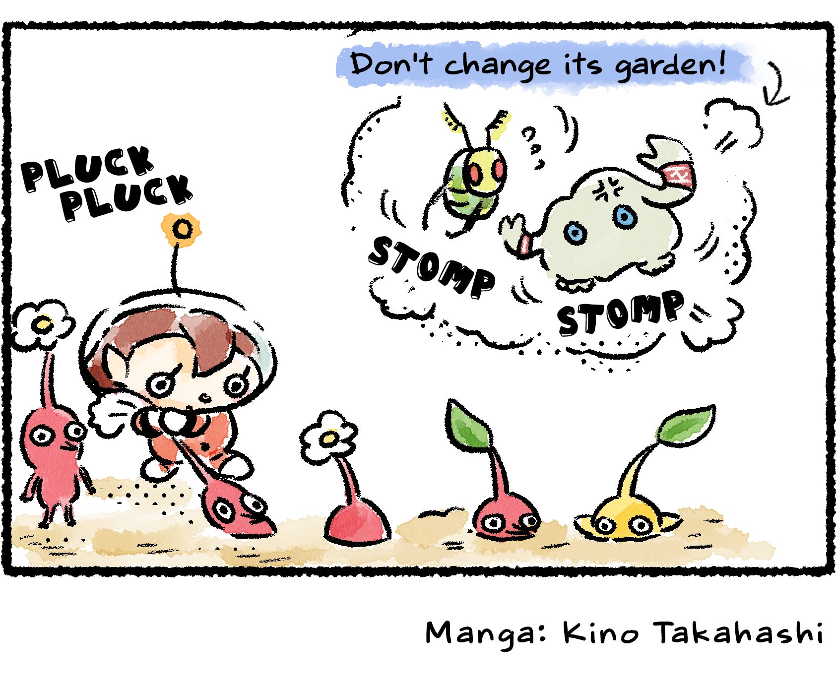 Panel four. While the Mamuta and Swooping Snitchbug fight in the background, a Rescue Officer hurries over to pluck the helpless Pikmin. Descriptive text over the fighting reads, "Don't change its garden!"